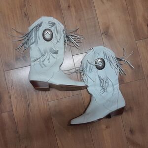 Tonka Fringed White Leather Western Cowboy Boots Size 7 Vintage SEE DESCRIPTION